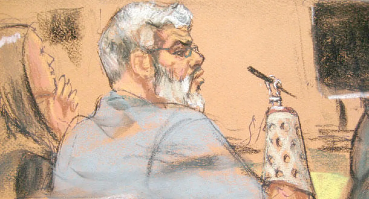 رسم تخطيطي لأبو حمزة المصري في محكمة مانهاتن الفيدرالية أمس (رويترز)