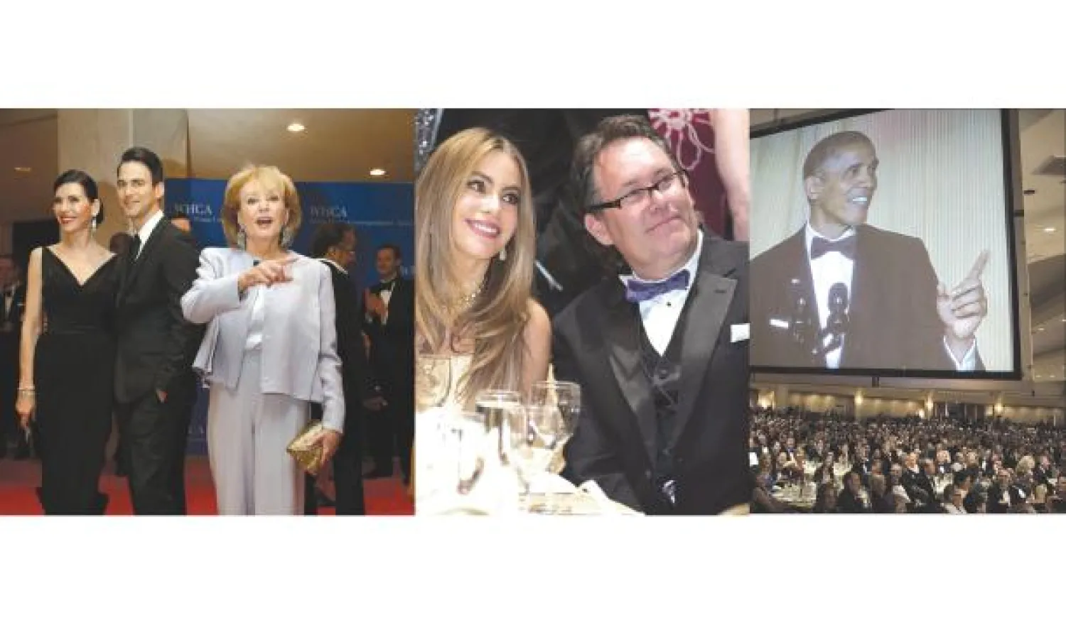 أوباما يلقي كلمة في حفل رابطة صحافيي البيت الأبيض (رويترز)،   الفنانة الكولومبية صوفيا فيرغارا مع ضيف في الحفل،  المذيعة باربرا والترز والممثلة جولينا مارغوليس وزوجها في البيت الأبيض