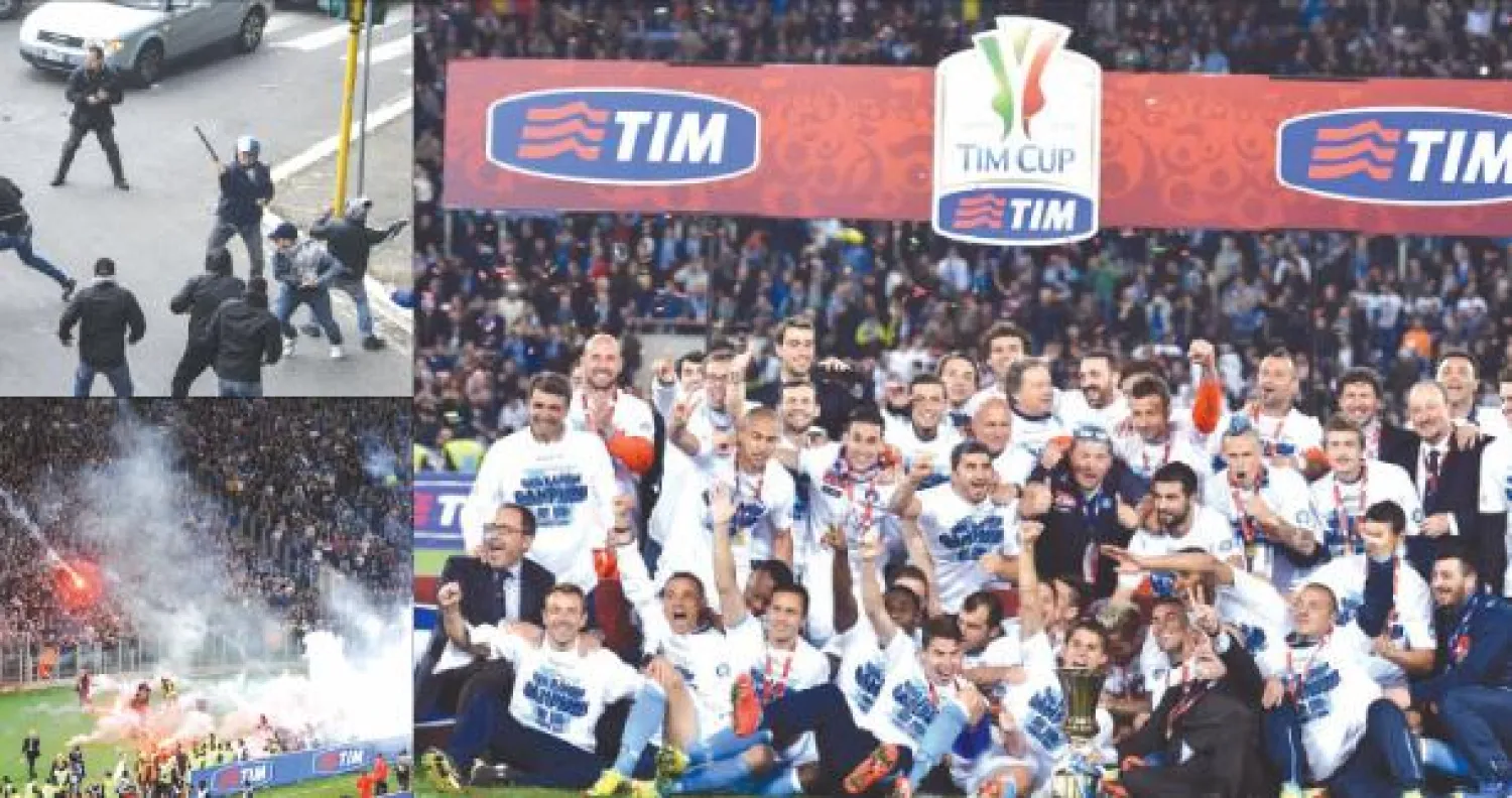 لاعبو نابولي وجهازهم التدريبي يحتفلون بالتتويج بكأس إيطاليا (إ.ب.أ)، مشهد من أحداث العنف خارج الملعب بين المشجعين والشرطة (إ.ب.أ)، مشجعو نابولي الغاضبون كادوا يفسدون النهائي بالألعاب النارية والصدام مع الشرطة (أ.ب)