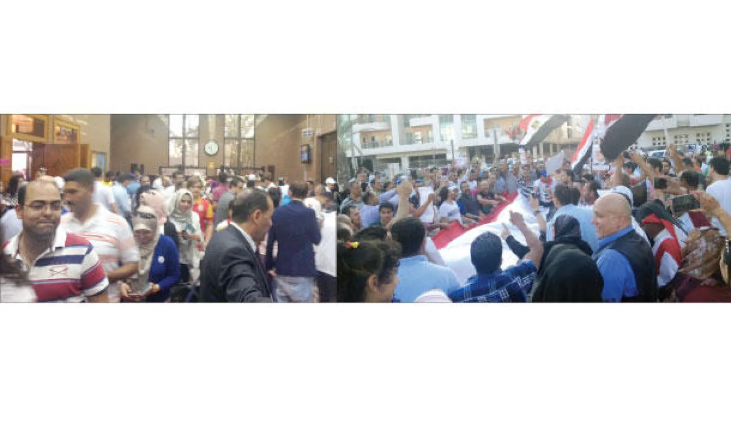 عائلات مصرية في عمان تحتفل بالتصويت في انتخابات الرئاسة برفع علم مصر (يمين) و مصريون داخل مقر القنصلية بدبي خلال التصويت ({الشرق الأوسط})