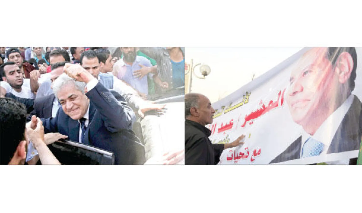 مؤيد لوزير الدفاع المصري السابق عبد الفتاح السيسي يتفقد ملصقات الحملة الرئاسية للمشير خلال اجتماع حاشد عقد في القاهرة (إ.ب.أ)، حمدين صباحي وسط حشد جماهيري خلال تجمع عقد أول من أمس في الإسكندرية (إ.ب.أ)