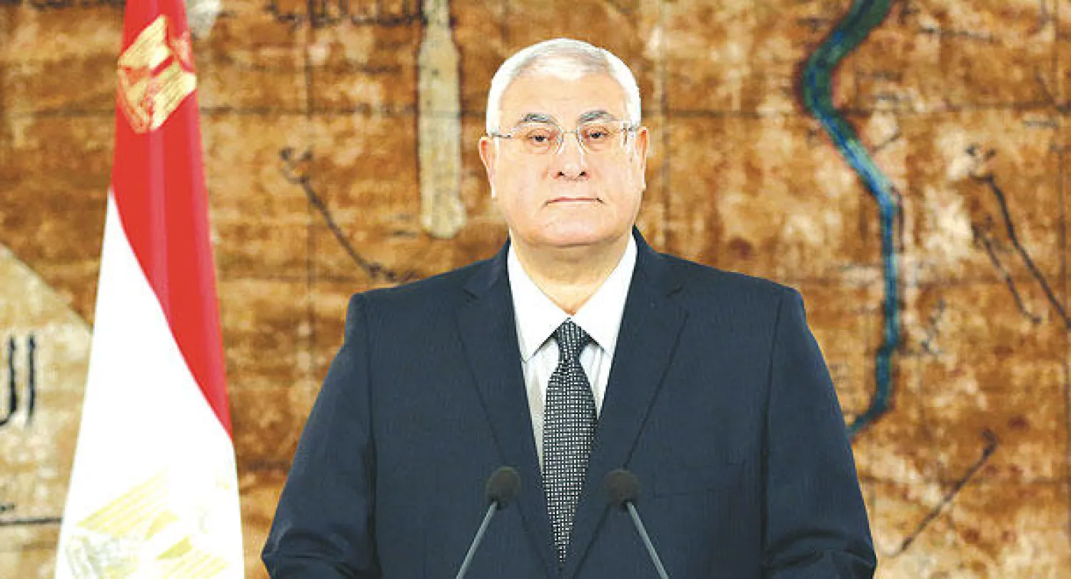 الرئيس المصري المؤقت المستشار عدلي منصور  يلقي كلمته في القاهرة أمس (أ.ف.ب)