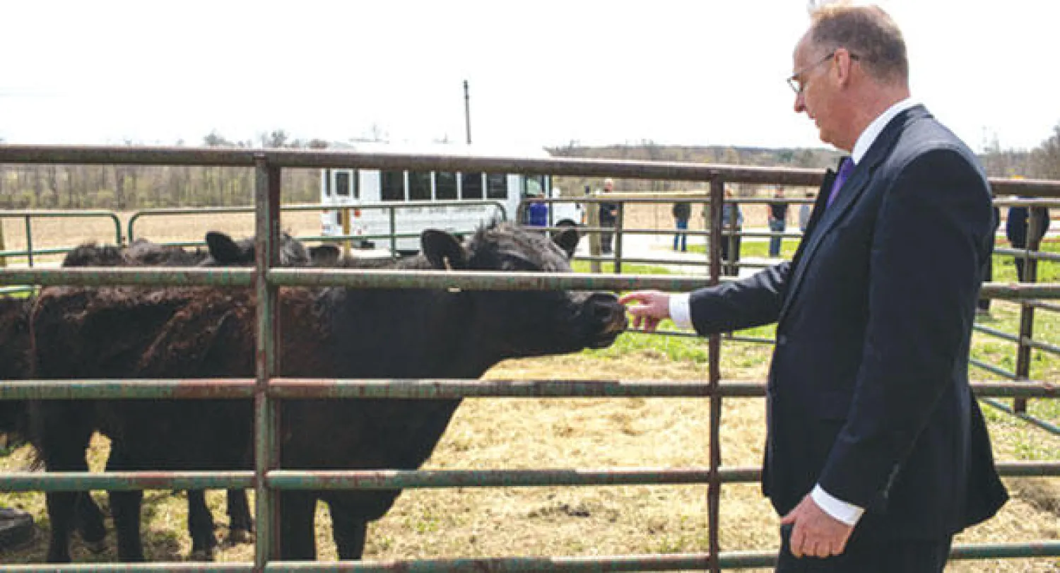 مدير مدرسة هاغرزتاون ويليام رويرينغ أمام إحدى المواشي في المدرسة (نيويورك تايمز)