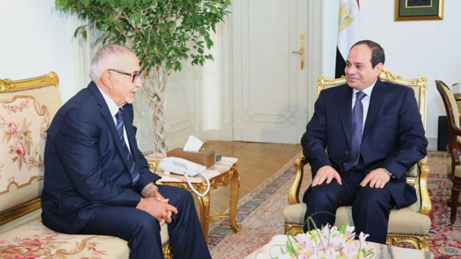 الرئيس المصري عبد الفتاح السيسي خلال استقباله عبد الواحد الراضي رئيس الاتحاد البرلماني الدولي في مقر الرئاسة أمس (الرئاسة المصرية)