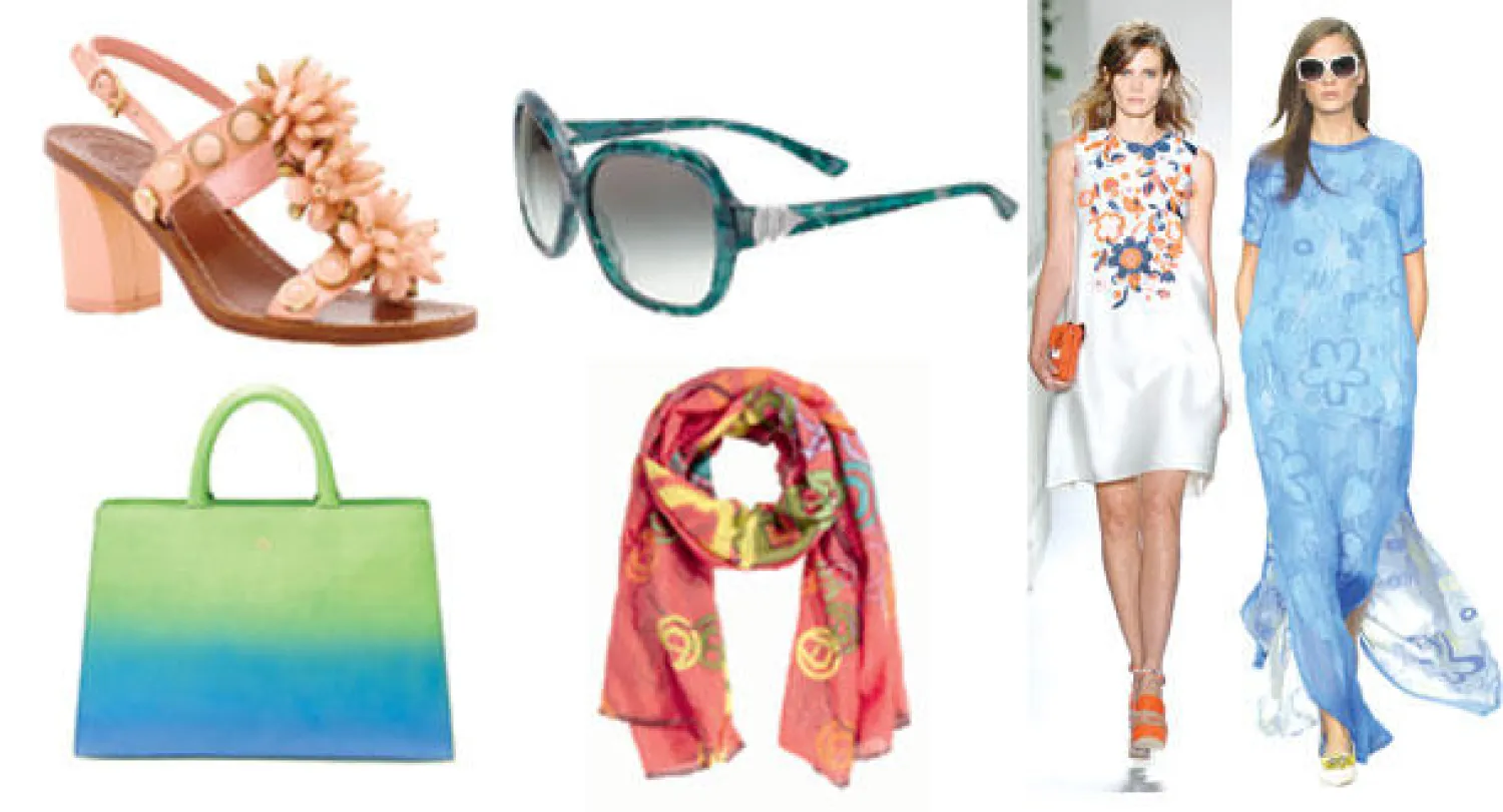 ماثيو ويليامسون Matthew Williamson  -  مالبوري Mulberry  -  نظارات من بولغاري Bulgari  -  إيشارب من إيغنر Aigner  -  حقيبة «سيبل» بألوان الصيف  من إيغنر Aigner  -  صندل من توري بيرش Tory Burch