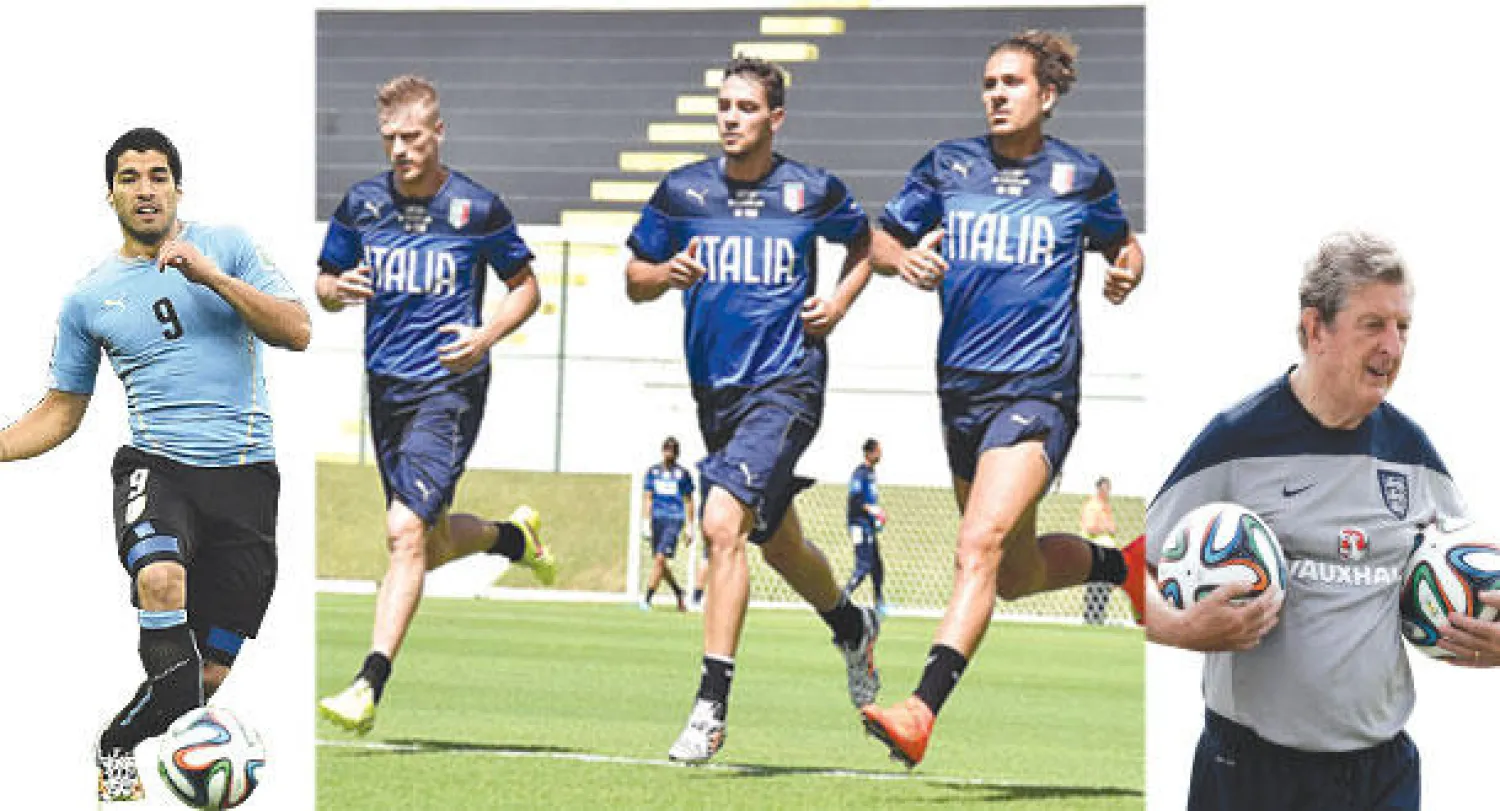 هودجسون مدرب إنجلترا يأمل في توديع المونديال بانتصار على كوستاريكا (أ.ب)  -  الجدية على ملامح لاعبي إيطاليا في التدريب الأخير قبل مواجهة الأوروغواي الصعبة (إ.ب. أ)  -  سواريز مصدر الخطورة في منتخب الأوروغواي