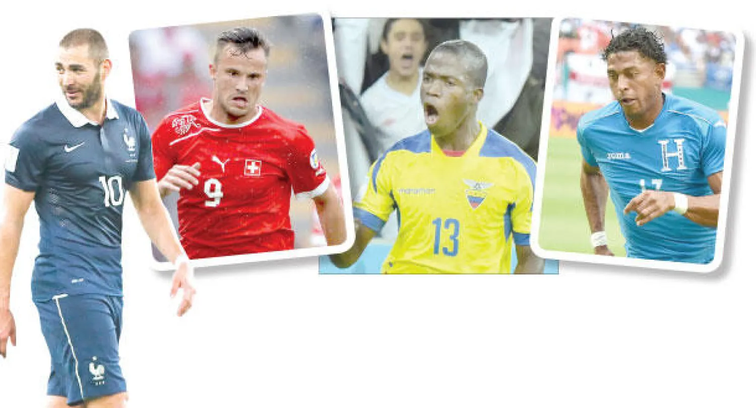 كارلو كوستلي مهاجم هندوراس (أ.ف.ب)  -  هداف الإكوادور إينر فالنسيا (أ.ف.ب)  -  مهاجم سويسرا سيفيروفيتش  -  بنزيمة مفتاح  فوز فرنسا في الجولتين الأوليين (أ.ب)