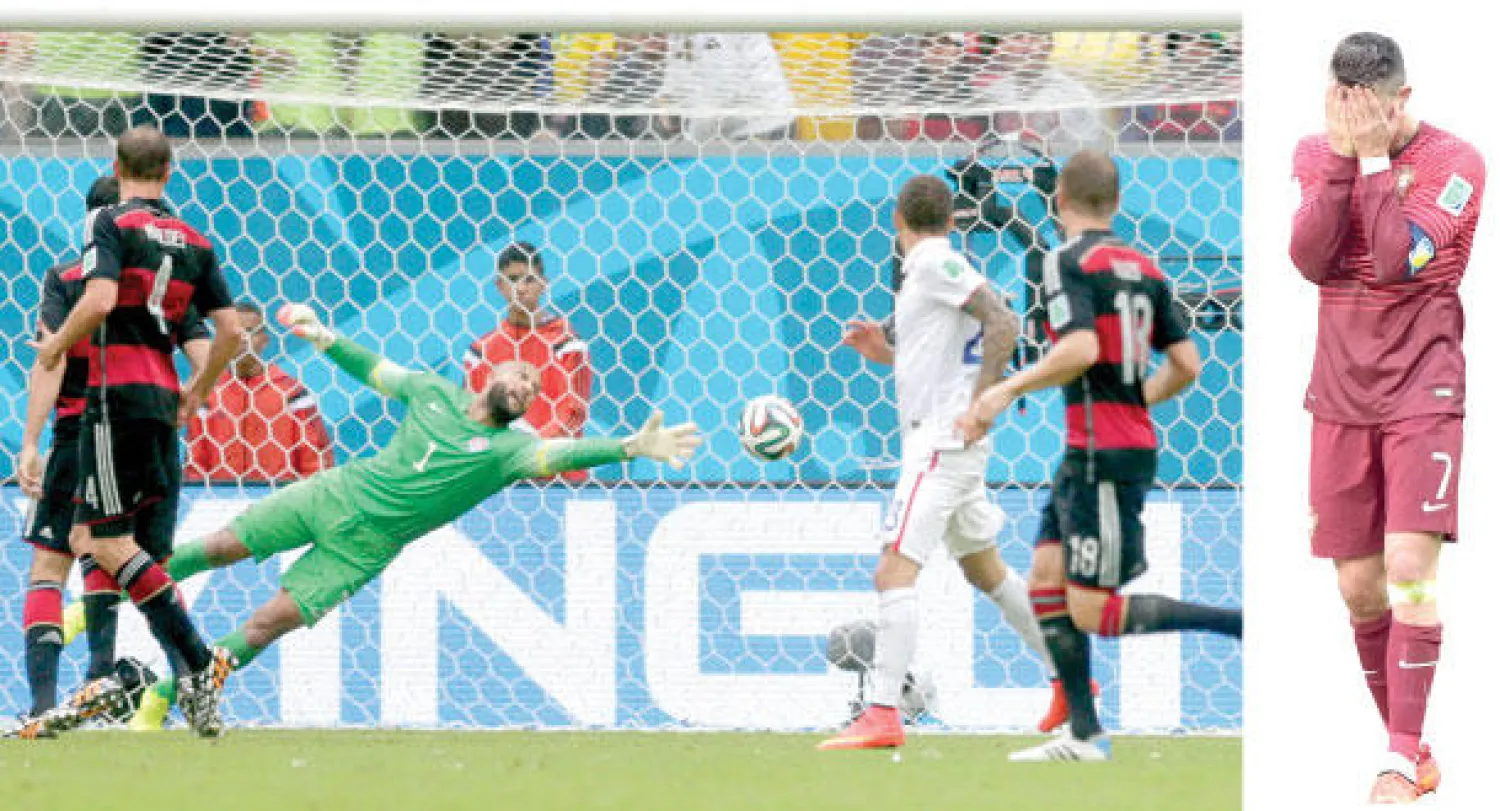 رونالدو بعد فشله في قيادة البرتغال للدور الثاني (أ.ف.ب)   -   تسديدة مولر تسكن شباك هاوارد حارس المنتخب الأميركي (أ.ب)