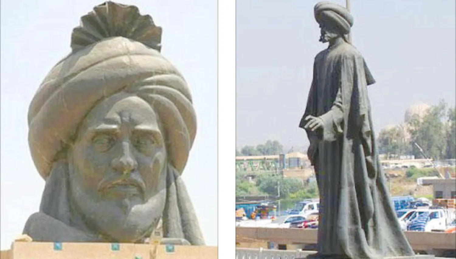 تمثال أبي تمام في الموصل قبل هدمه (يمين) و تمثال أبي جعفر المنصور في بغداد