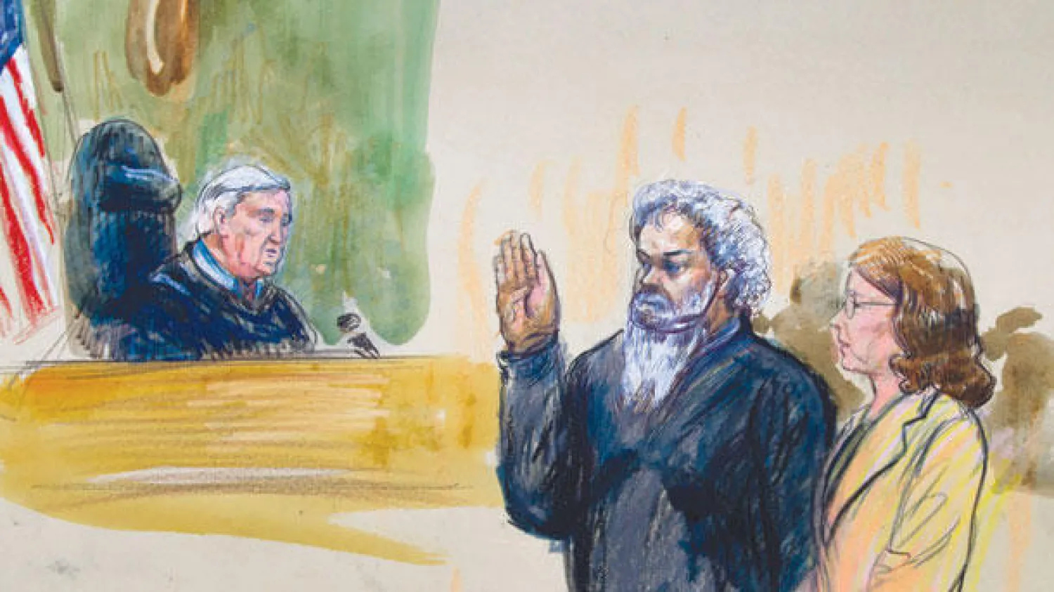 أحمد أبو ختالة المشتبه بتورطه في الهجوم على القنصلية الأميركية في مدينة بنغازي (شرق ليبيا) يدفع ببراءته أثناء أول مثول له أمام القضاء الأميركي في واشنطن أول من أمس (أ.ب)