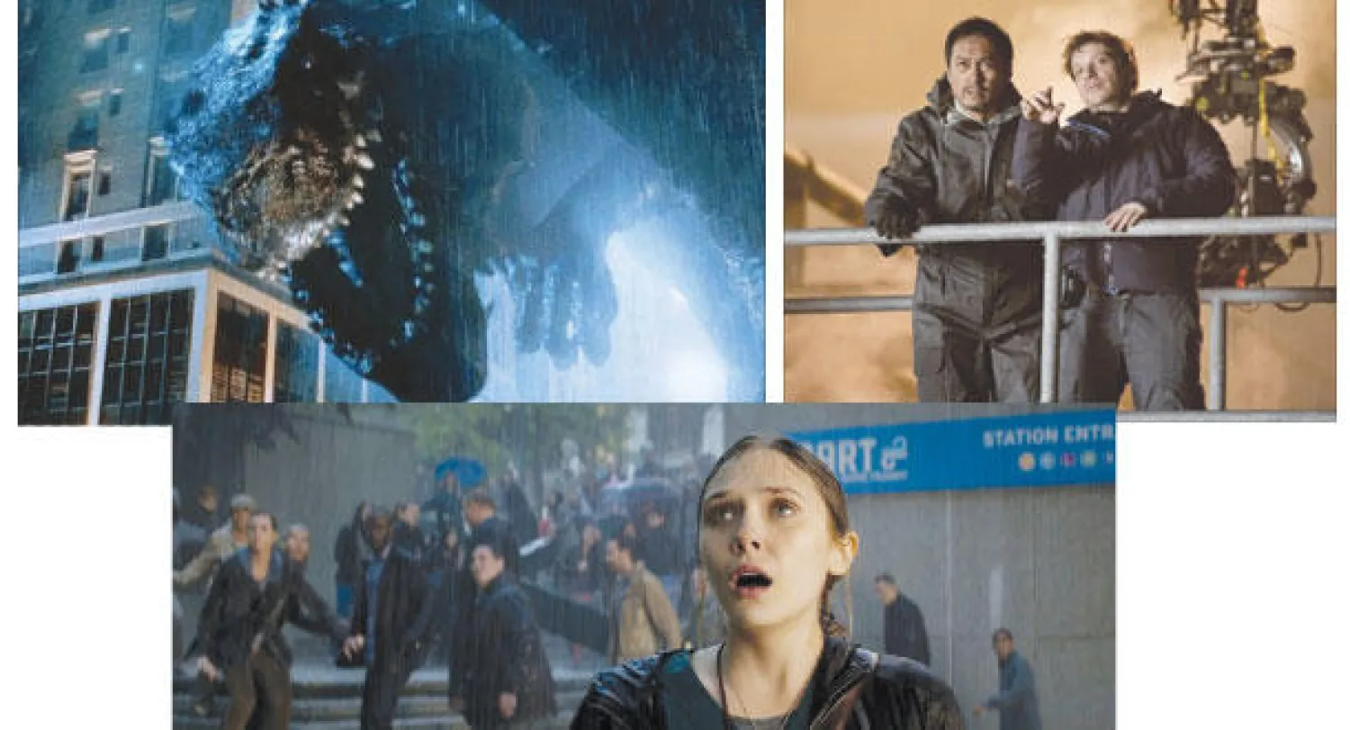 المخرج مع الممثل الياباني كن واتانابي  -  غودزيللا  -  إليزابيث أولسن: الوحش الذي في البال