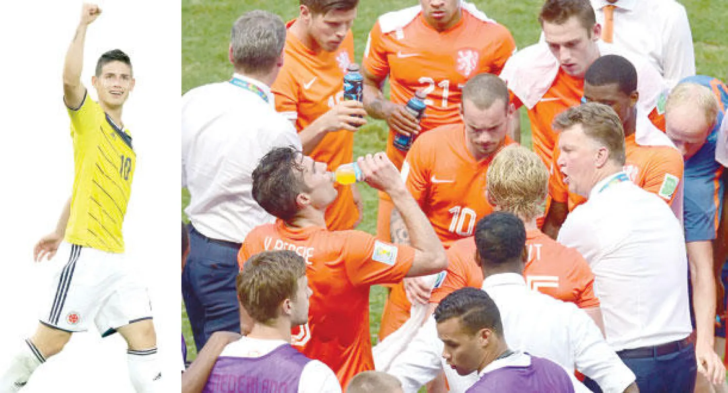 فان غال مدرب هولندا استغل الوقت المستقطع لترطيب اللاعبين وقام بتلقينهم خطة لقلب النتيجة أمام المكسيك (أ.ب)  -  رودريغيز نجم كولومبيا خطف الأضواء بتصدره قائمة هدافي البطولة