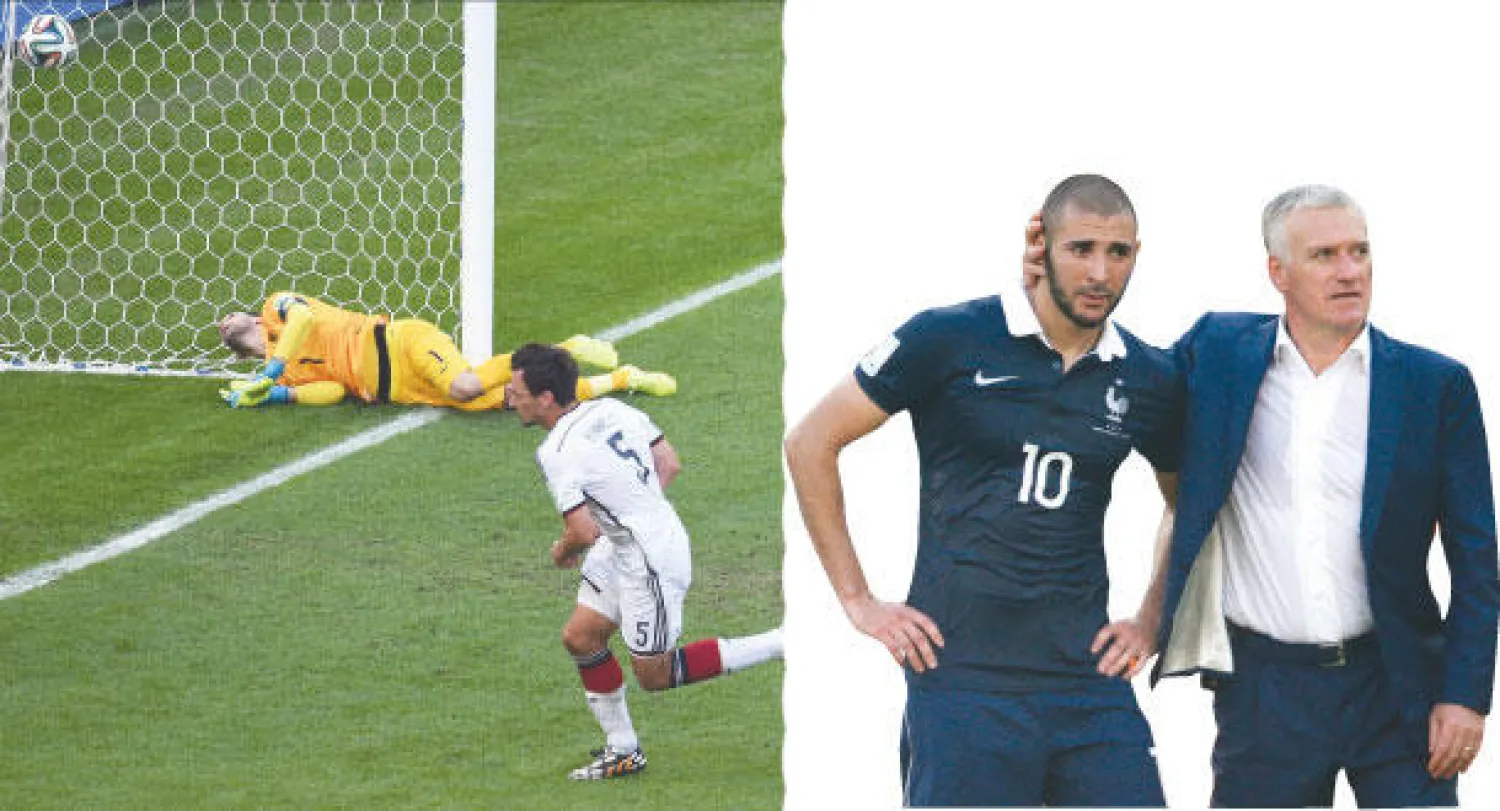 ديشان مدرب منتخب فرنسا يواسي لاعبه كريم بنزيمة (رويترز)  -   رأسية هوملس (وسط) قادت ألمانيا إلى نصف النهائي (إ.ب.أ)