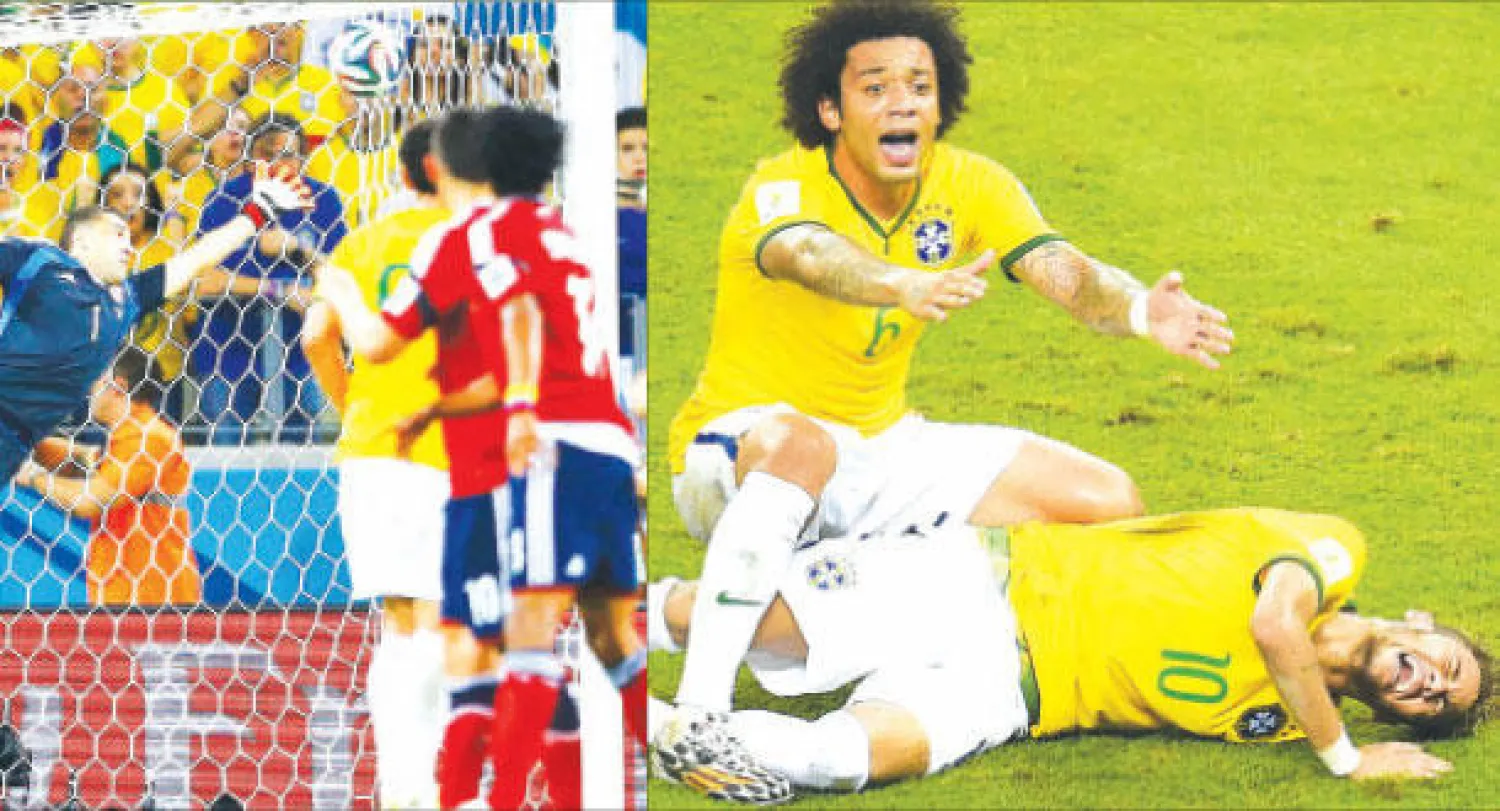 نيمار يتألم ومارسيلو يستعجل الأطباء (أ.ف.ب) و تسديدة لويز رقم «4» تسكن شباك كولومبيا (رويترز)