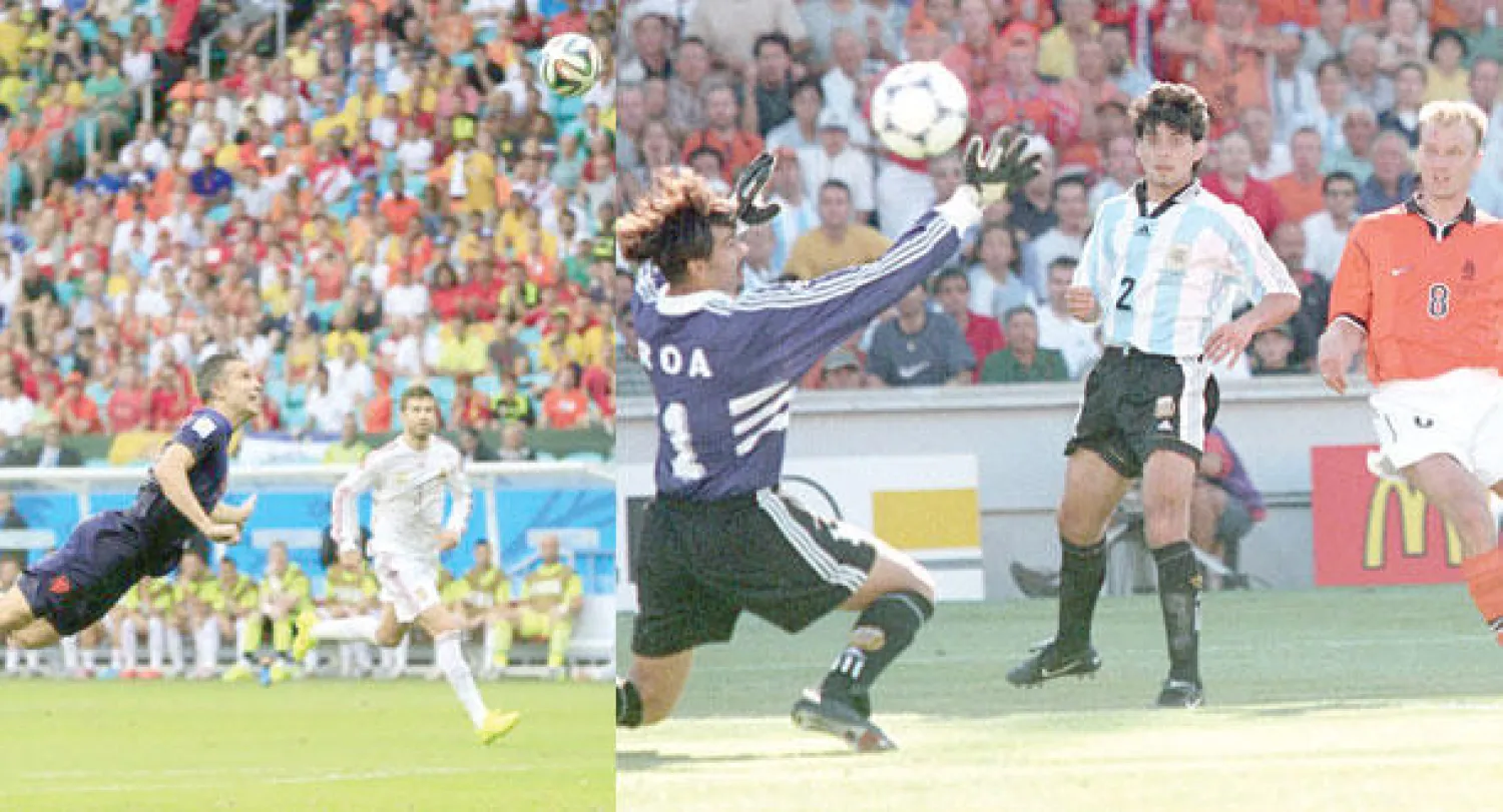 بيرغكامب (يمين) يسجل في مرمى الأرجنتين عام 1998  -  فان بيرسي يسجل على طريقة «سوبرمان» في مرمى إسبانيا في مونديال 2014