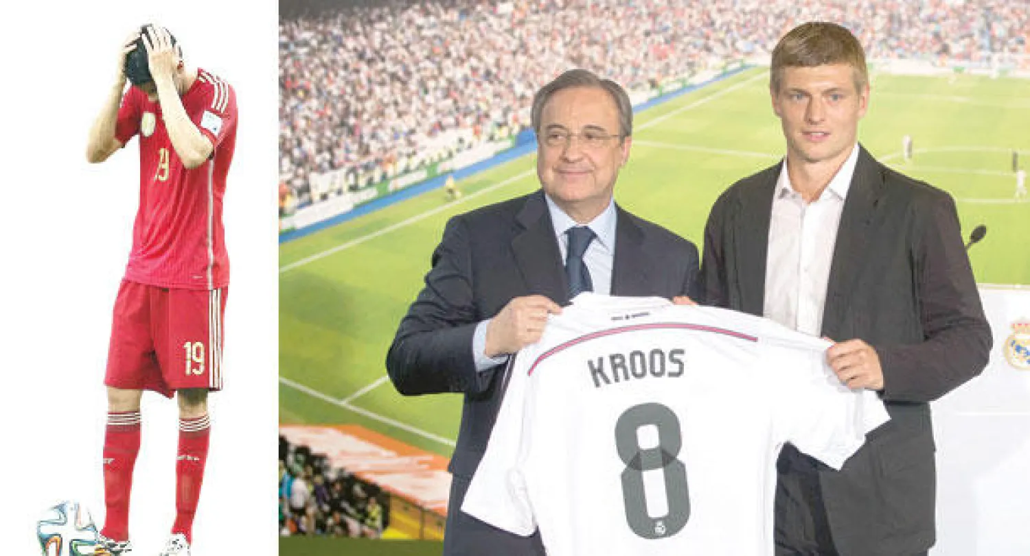 كروس الذي تألق مع المنتخب الألماني وإلى يساره رئيس ريـال مدريد بعد انضمامه للنادي الملكي مقابل 40 مليون دولار (أ.ب)  -  كوستا أخفق في المونديال وانضم لتشيلسي مقابل 55 مليون دولار (إ.ب.أ)