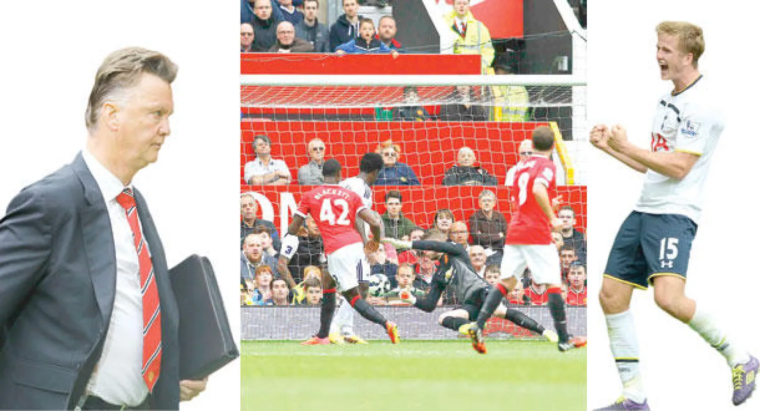 إيريك ديي بعد إحرازه هدف  فوز توتنهام في الثواني الأخيرة (إ.ب.أ)   -  سيغوردسون (يمين) يصعق يونايتد بهدف فوز سوانزي (رويترز)   -  فان غال بعد الهزيمة (رويترز)