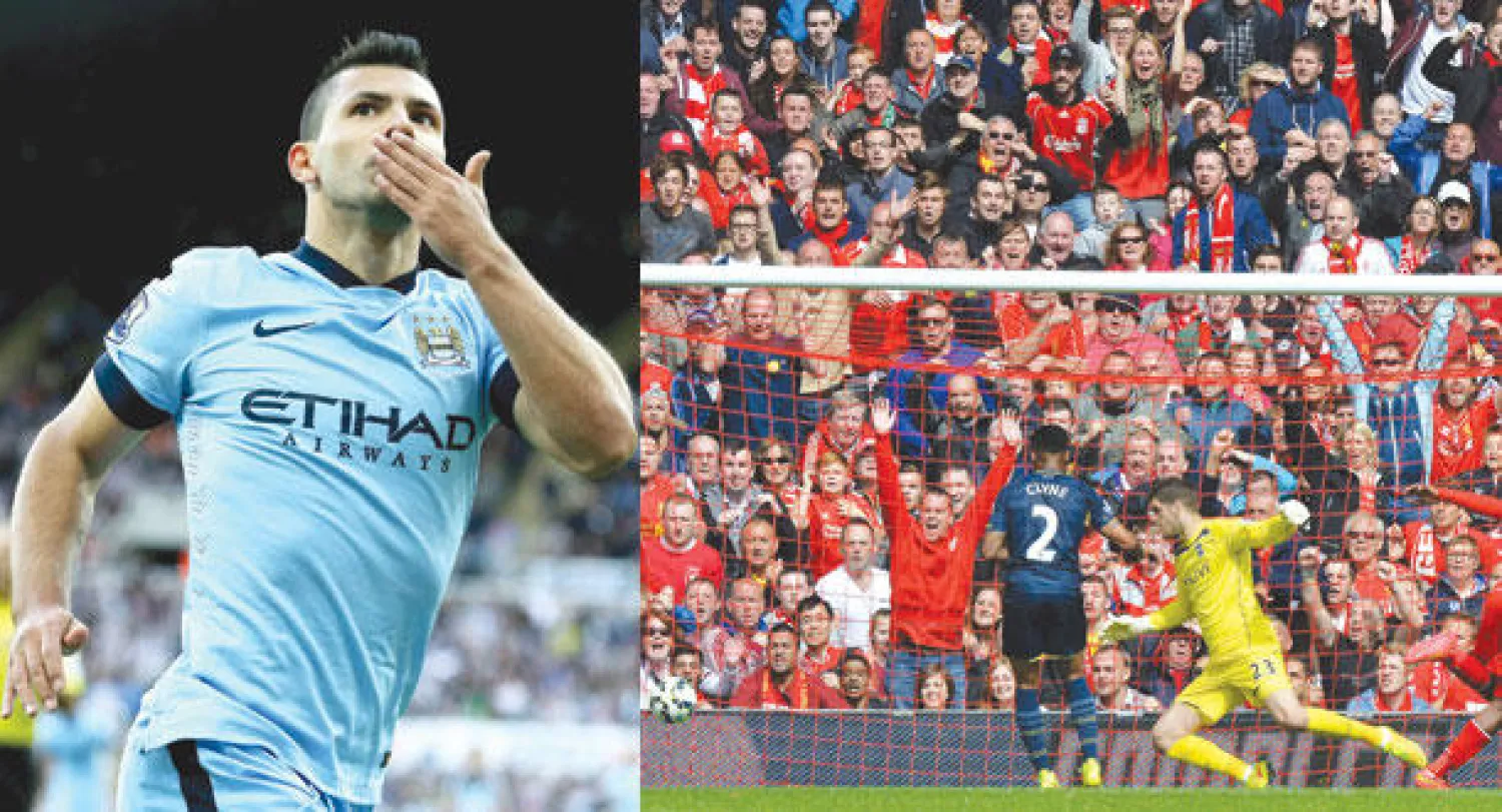 ستوريدج (15) يحرزهدف الفوز لليفربول (أ.ف.ب)   -  أغويرو يحتفل بهدف سيتي الثاني (إ.ف.أ)