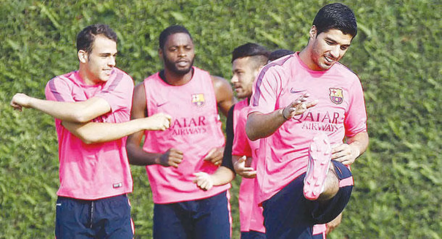 سواريز في تدريبات برشلونة أمس (أ.ف.ب)