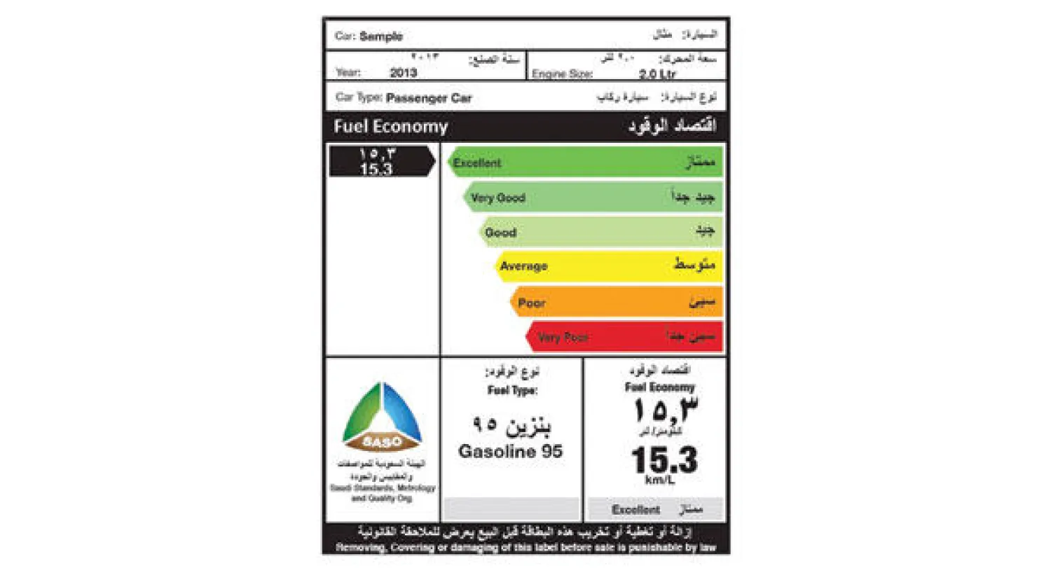 نموذج لبطاقة «اقتصاد الوقود» الواجب توفرها للسيارات المعروضة للبيع («الشرق الأوسط»)