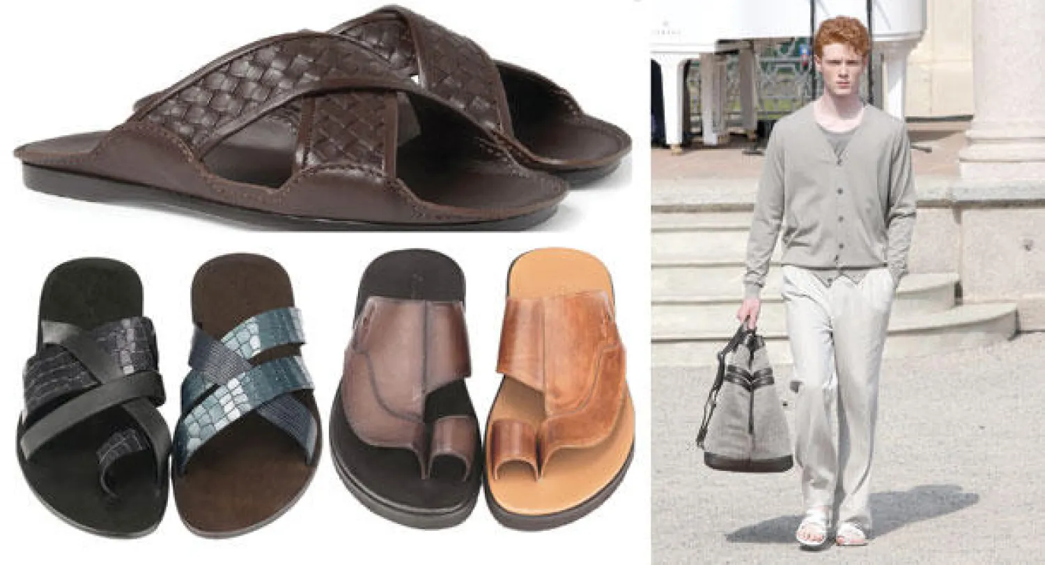 من عرض كورنيلياني   -  من بوتيغا فينيتا  -  «سانتوني - Santoni» الإيطالية طرحت مجموعة من الصنادل للرجل العربي بتصاميم كلاسيكية وخامات مترفة. فهي مصنوعة من جلود نادرة مثل جلود التماسيح والسحالي وبألوان غنية كالأسود والبني والأزرق