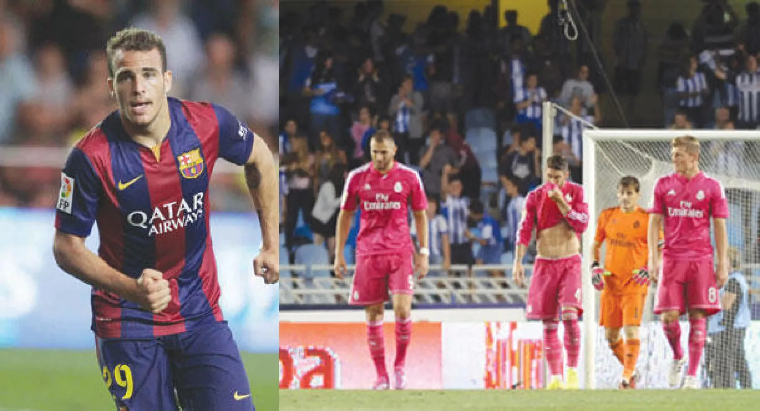 الذهول يبدو على وجوه لاعبي ريـال مدريد بعد تلقي شباكهمالهدف الرابع أمام ريـال سوسيداد (أ.ف.ب)  -  راميريز نجم برشلونة  الصاعد (رويترز)