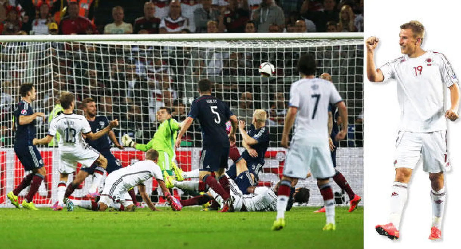 بيكيمبالاي لاعب ألبانيا يحتفل بهدفه  في مرمى البرتغال (إ.ب.أ)  -  مولر نجم ألمانيا (رقم 13 يسار) يسجل هدف الفوز في مرمى اسكوتلندا (إ.ب.أ)