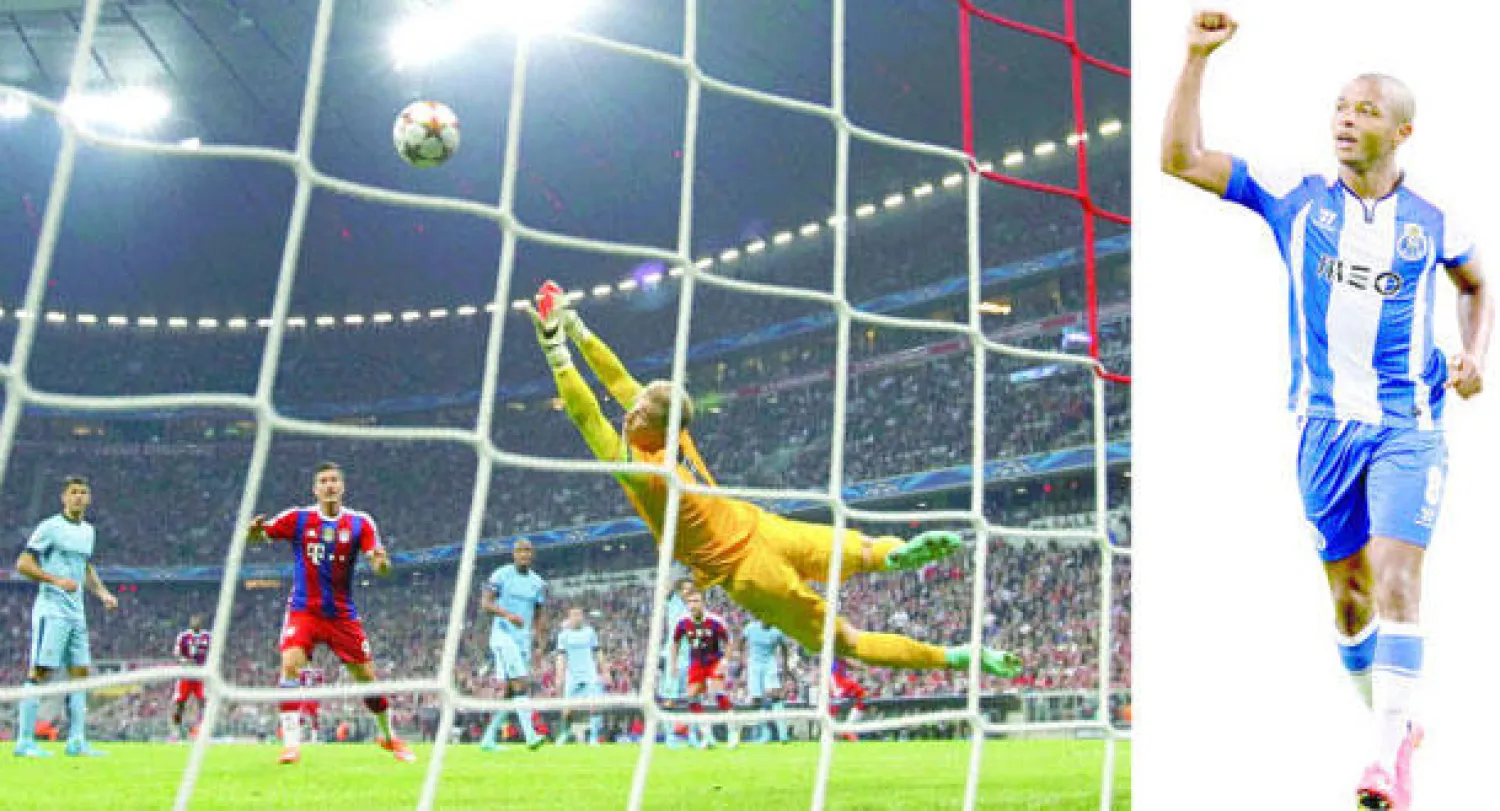 الجزائري إبراهيمي يحتفل بثلاثيته مع بورتو (إ.ب.أ)  -  هارت حارس مانشستر سيتي في محاولة فاشلة للتصدي لتسديدة بواتينغ التي منحت بايرن الفوز (رويترز)