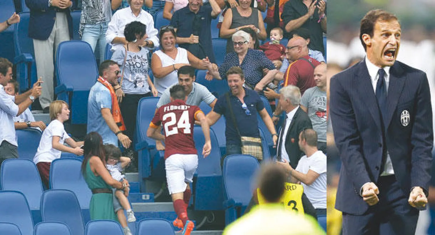 أليغري مدرب يوفنتوس يحتفل بالفوز على فريقه السابق (رويترز)  -   أليساندرو فيورنزي نجم روما (رقم 24) يصعد المدرجات للاحتفال مع جدته بهدفه (أ.ف.ب)