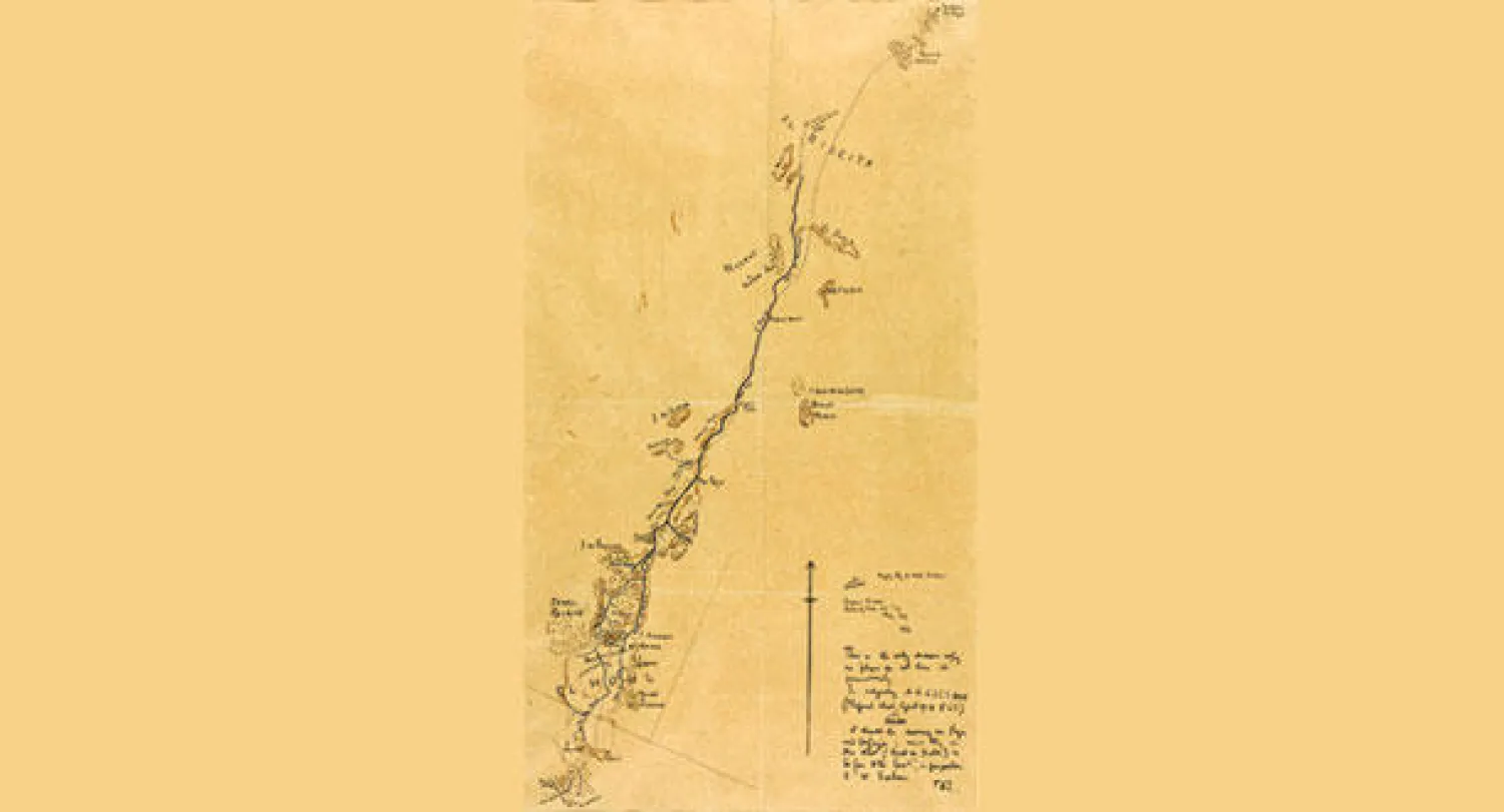 خريطة بعنوان «سكة حديد الحجاز إلى وادي سرحان» رسمها لورانس مع الشرح بخط يده على الجانب وتفصل رحلته من 19 إلى 24 مايو 1917.