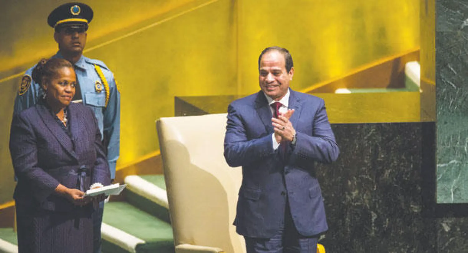الرئيس المصري عبد الفتاح السيسي قبل إلقاء خطابه أمام الجمعية العامة للأمم المتحدة في نيويورك أمس (أ.ف.ب)