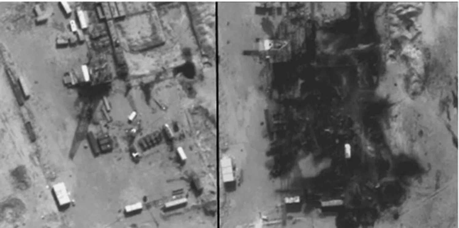 مصافي نفط في سوريا قبل تعرضها للقصف من قبل التحالف العربي الأميركي (يمين) وبعد تدميرها أمس (رويترز)