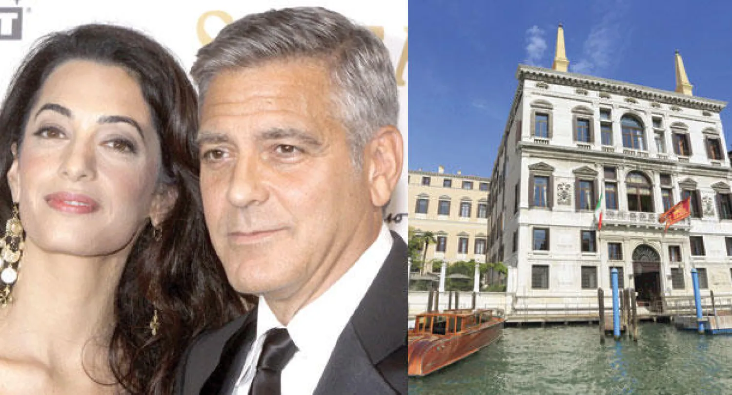 فندق أمان كانال غراند في فينيسيا الذي سيشهد عقد قران جورج كلوني وأمل علم الدين (أ.ف.ب)  -  جورج كلوني وخطيبته  أمل علم الدين (أ.ب)