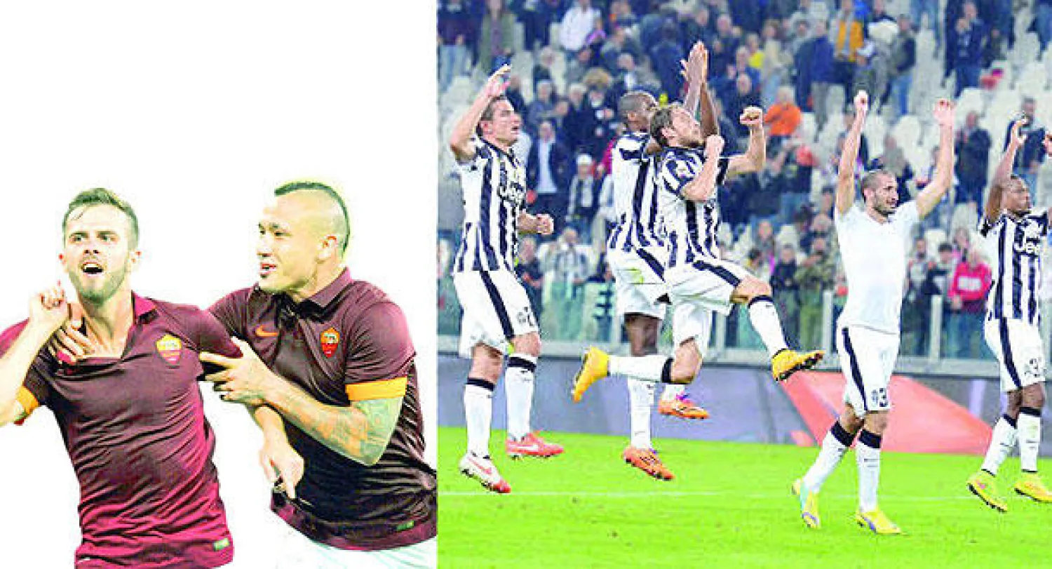 لاعبو روما بعد الفوز على بارما هذا الأسبوع (أ.ب)  -  فرحة لاعبي يوفنتوس بعد الفوز على تشيزينا بثلاثية في مباراة الأربعاء