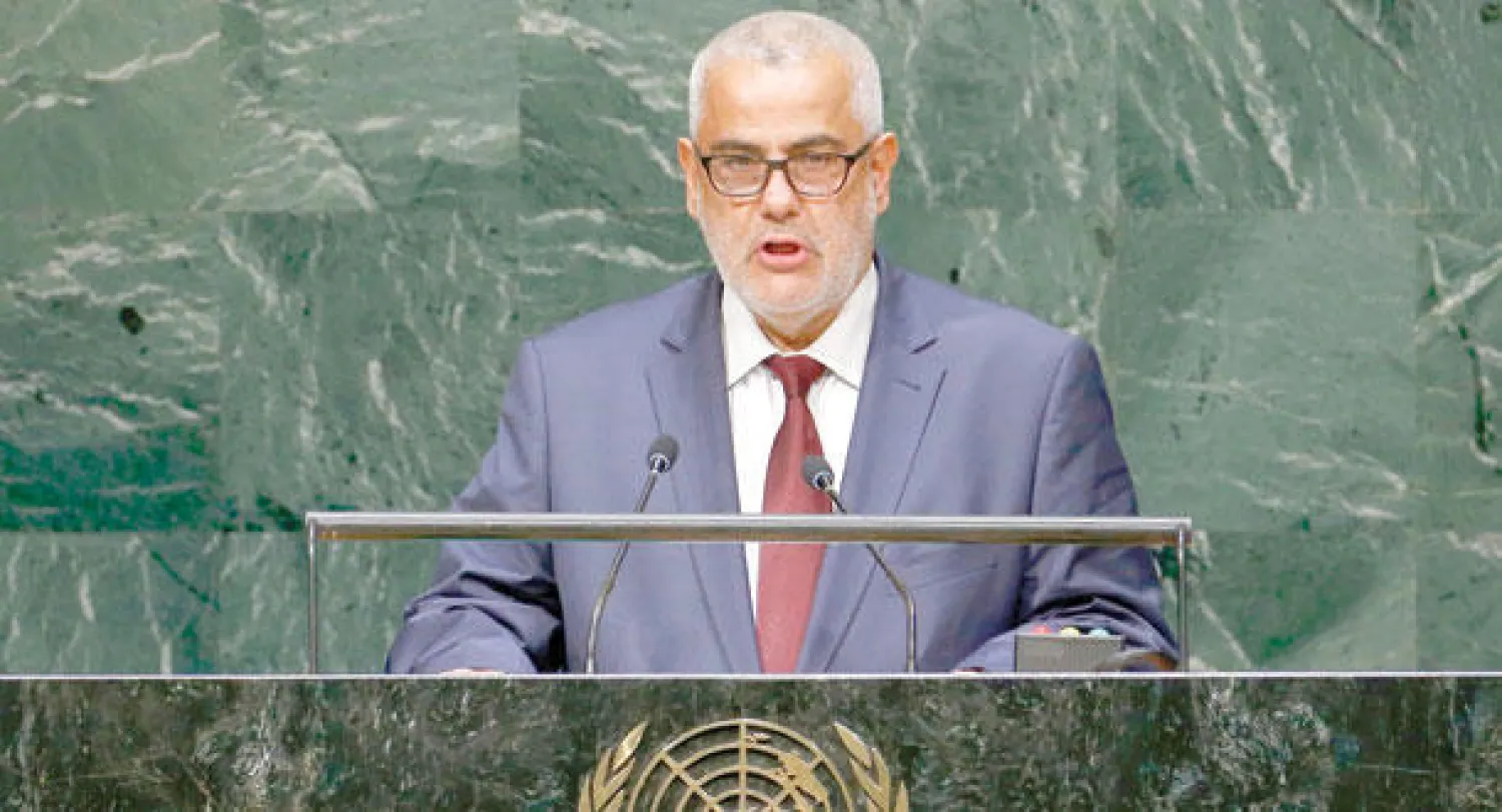 عبد الإله ابن كيران رئيس الحكومة المغربية يلقي كلمة العاهل المغربي في الدورة 69 للجمعية العامة للأمم المتحدة في نيويورك أول من أمس (رويترز)