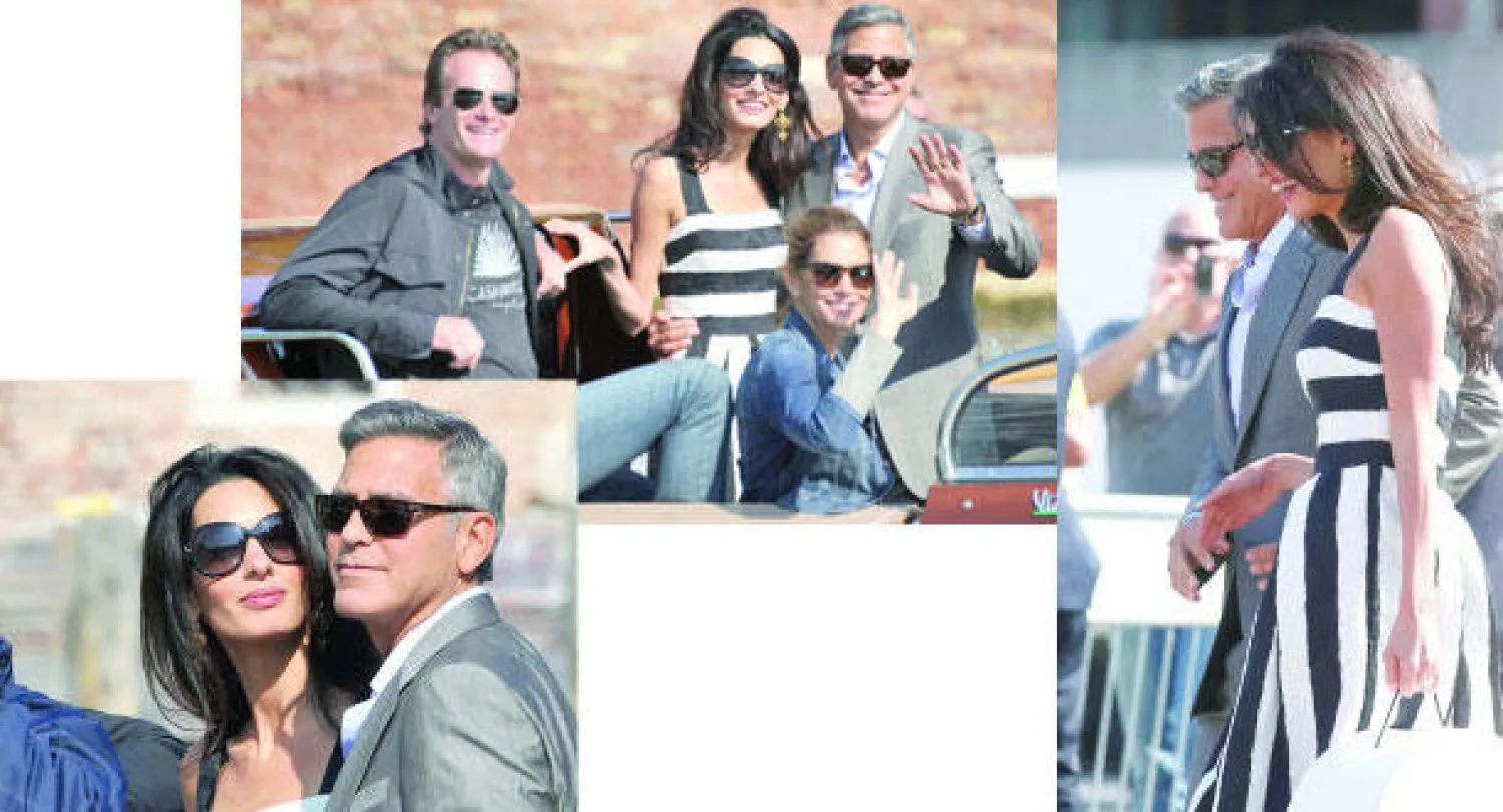 كلوني وآمال عقب وصولهما لفينيسيا استعدادا لعقد قرانهما (أ.ب)  -  كلوني وآمال وسيندي كراوفورد وزوجها راند غربر في قارب أجرة في فينيسيا (أ.ب)