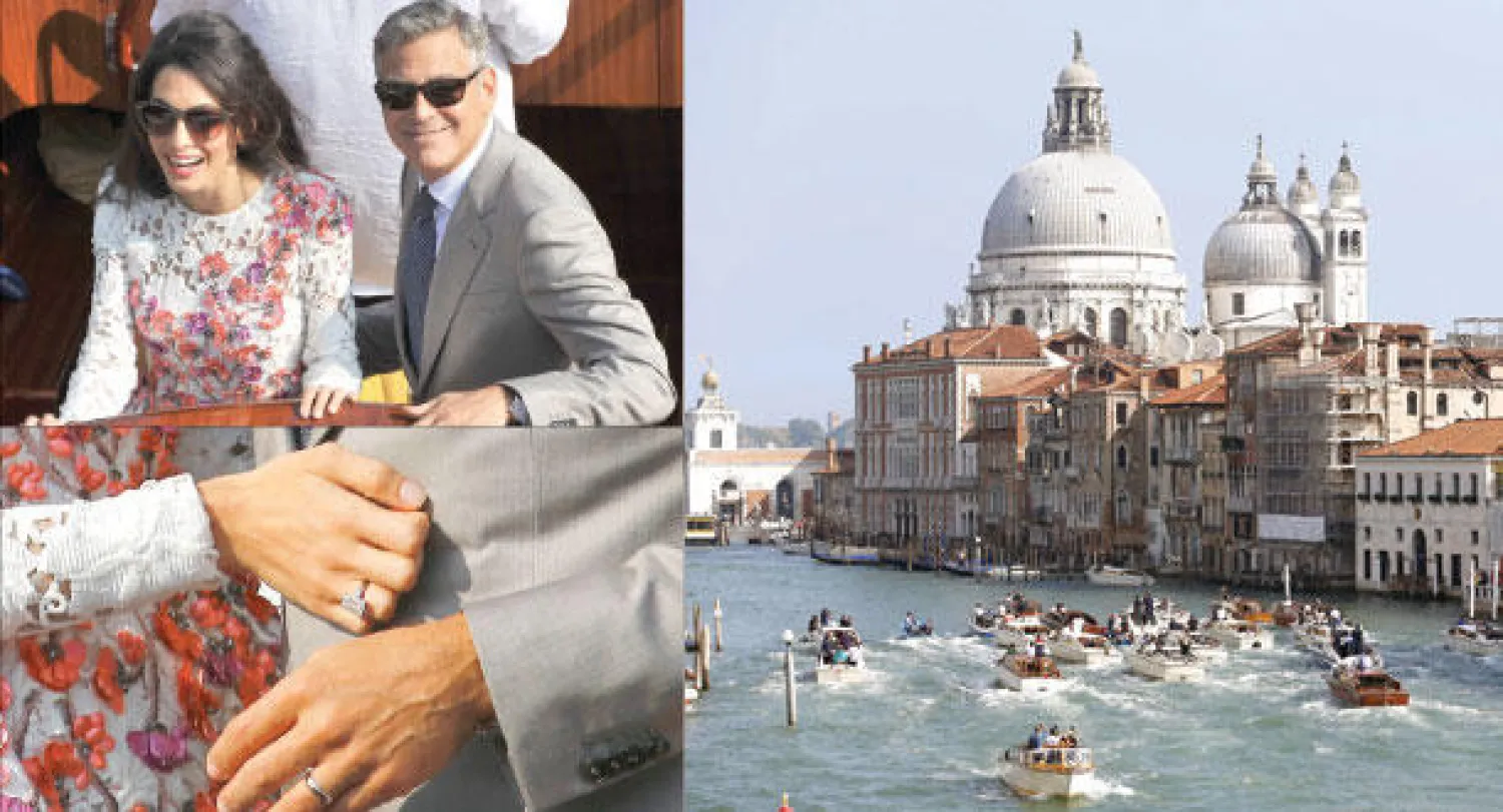 قوارب وسائل الإعلام تحيط بقارب كلوني وزوجته أمل في القنال الكبير بفينيسيا (أ.ف.ب)  -  كلوني وأمل بعد مغادرة فندق أمان الفاخر في فينيسيا (أ.ب)  -  خاتما الزواج في يد كلوني وزوجته أمل بفينيسيا أمس (رويترز)