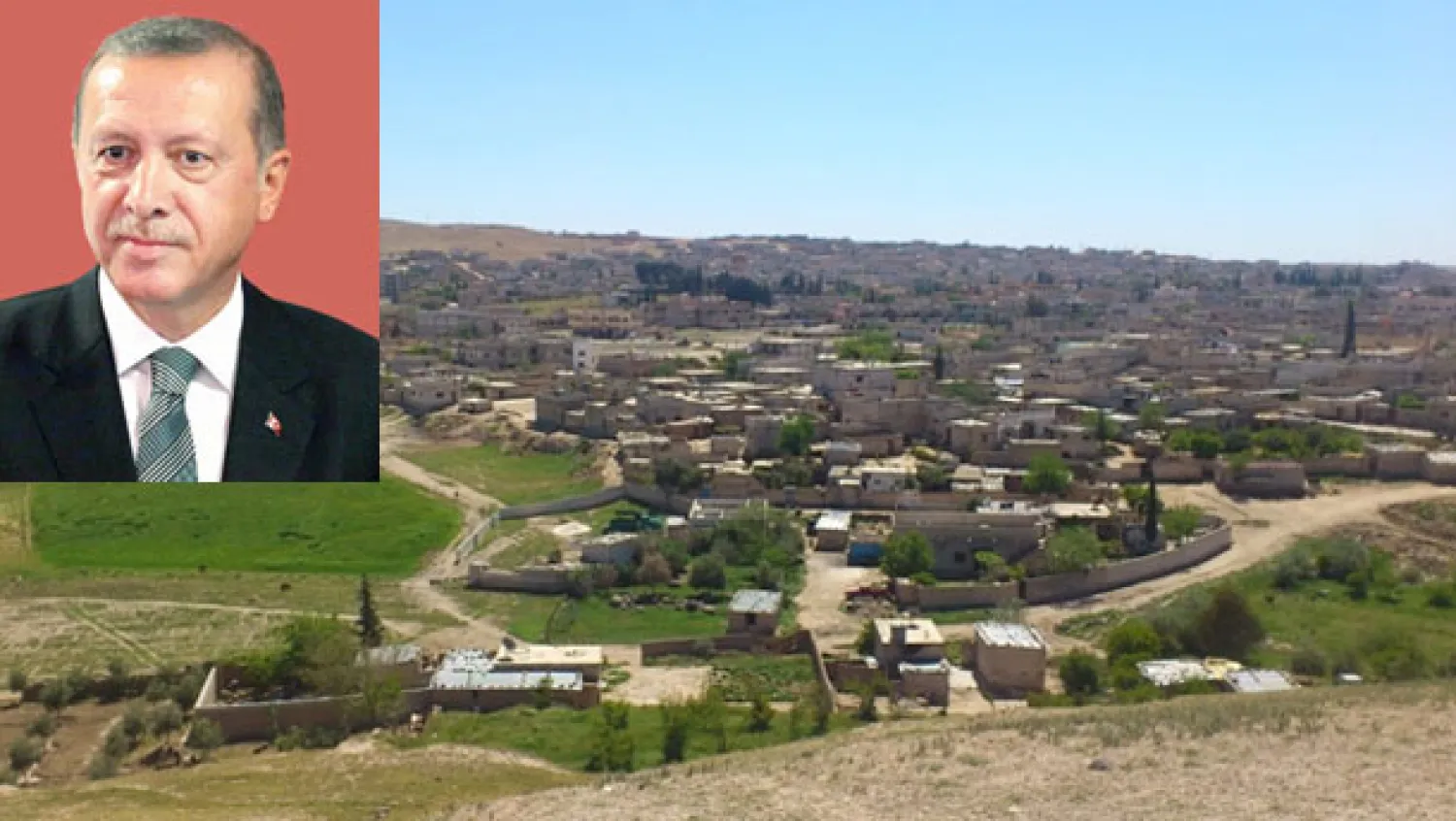 الرئيس التركي رجب طيب إردوغان (في الاطار) و لقطة لقرية كوباني