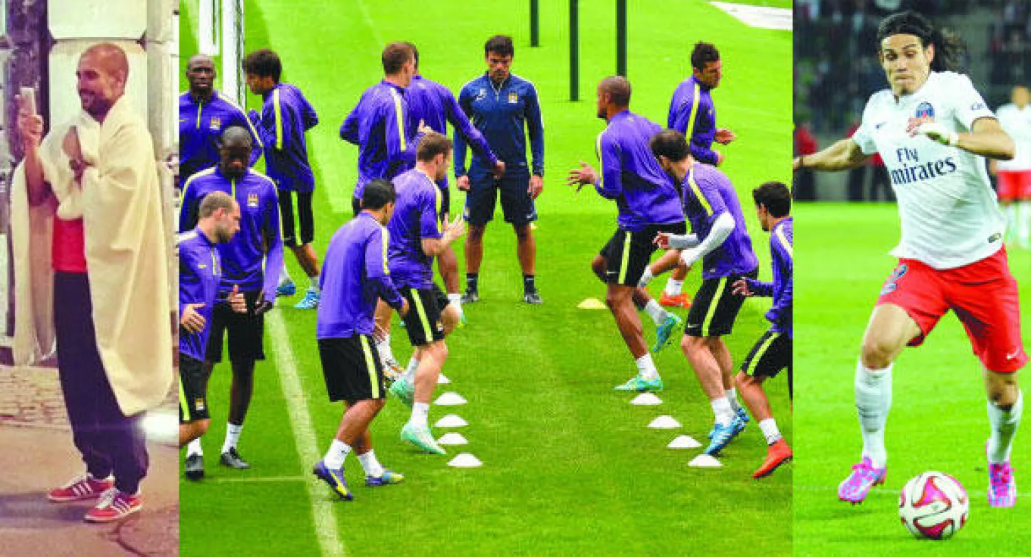 كافاني سيتحمل قيادة هجوم سان جيرمان في غياب إبراهيموفيتش (أ.ف.ب)  -  لاعبو مانشستر سيتي خلال التدريبات أمس استعدادا للقاء روما  (أ.ف.ب)  -  غوارديولا مدرب البايرن ملفوف بالبطانية خارج فندق إقامة الفريق