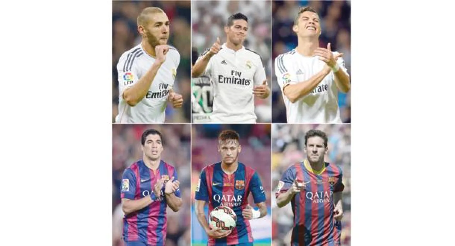 قوة الريال الضاربة.. رونالدو ورودريغيز وبنزيمة في مواجهة  عمالقة برشلونة.. ميسي ونيمار وسواريز (أ.ف.ب)