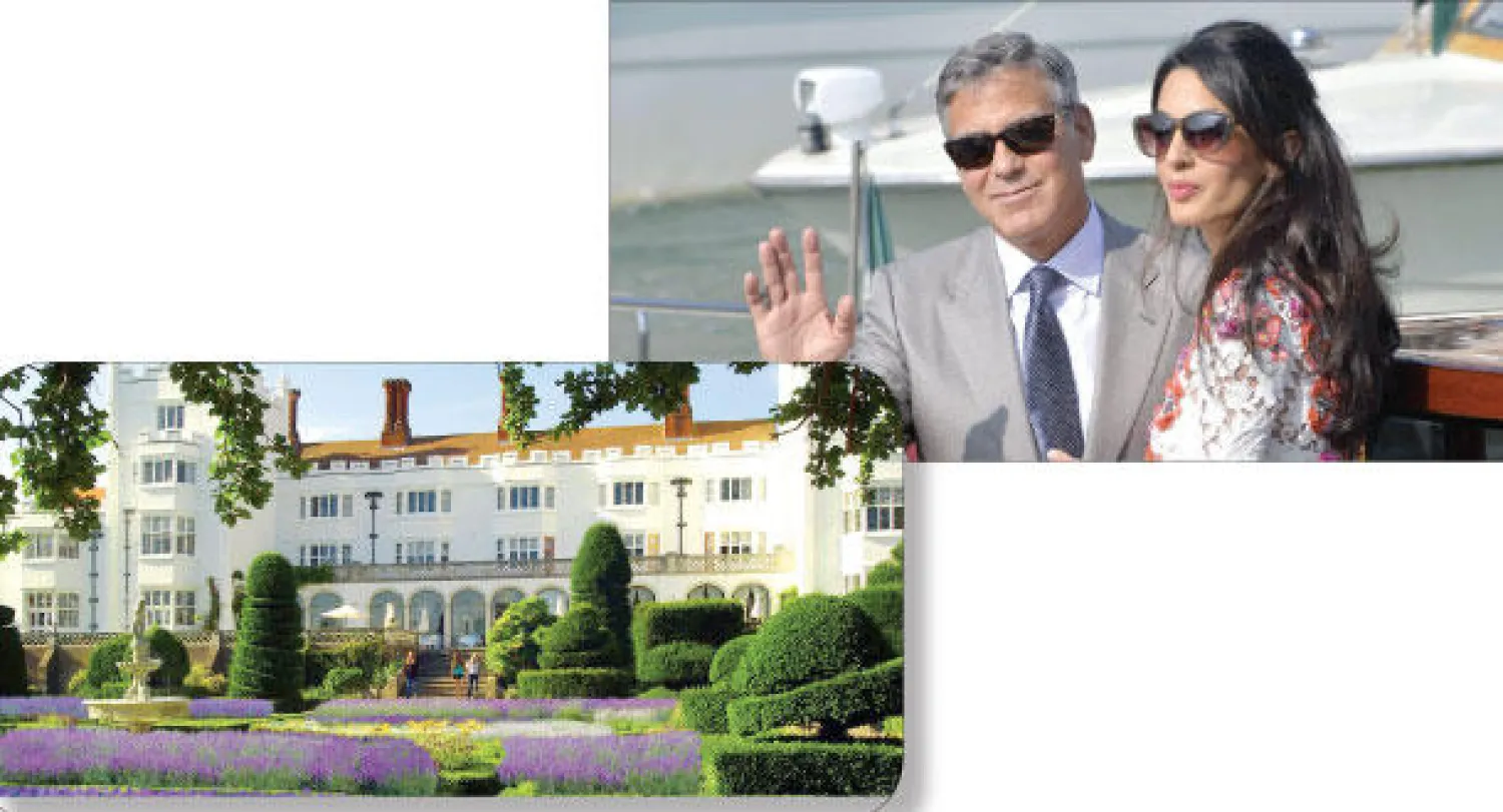 لقطة تجمع جورج كلوني بأمل علم الدين بعد يوم من زفافهما في البندقية (أ.ف.ب)  و  فندق داينزفيلد هاوس في منطقة مارلو