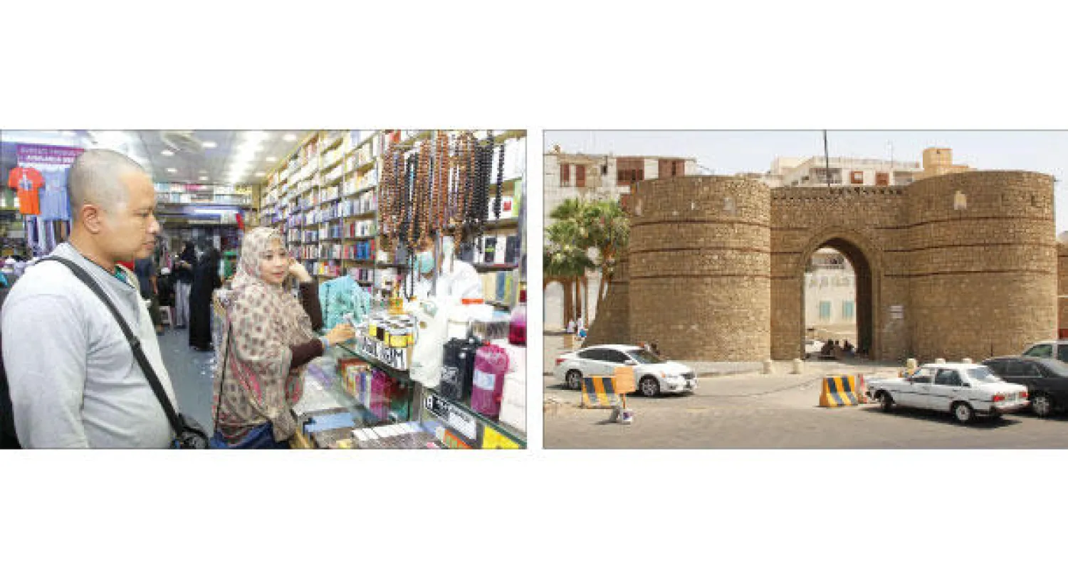 «باب جديد» إحد البوابات الأثرية التي تطل على عالمين (جدة الجديدة والحديثة) وتعد مزارا للسياح ومتنفساً للأهالي.. في حين ينتمي المتسوقون في أسواق جدة القديمة لجنسيات مختلفة (الشرق الأوسط)