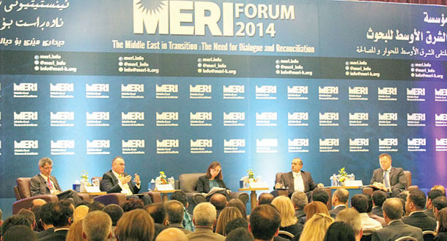 جانب من الجلسة الافتتاحية لملتقى الشرق الأوسط للمصالحة والحوار في أربيل أمس («الشرق الأوسط»)