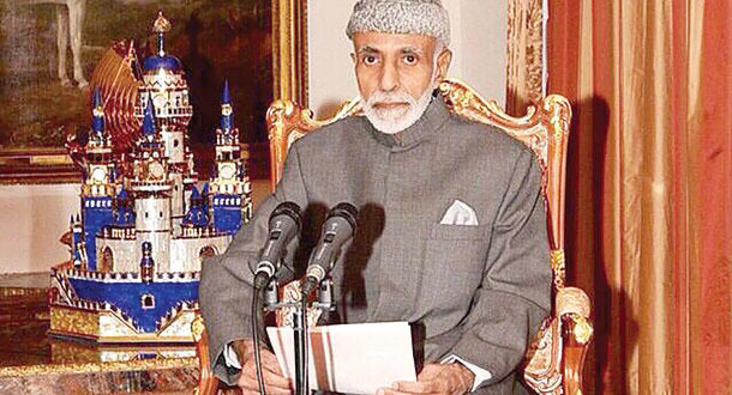 السلطان قابوس كما بدا من مشفاه في ألمانيا وهو يلقي كلمته بمناسبة العيد 44 لعمان (وكالة الأنباء العمانية)