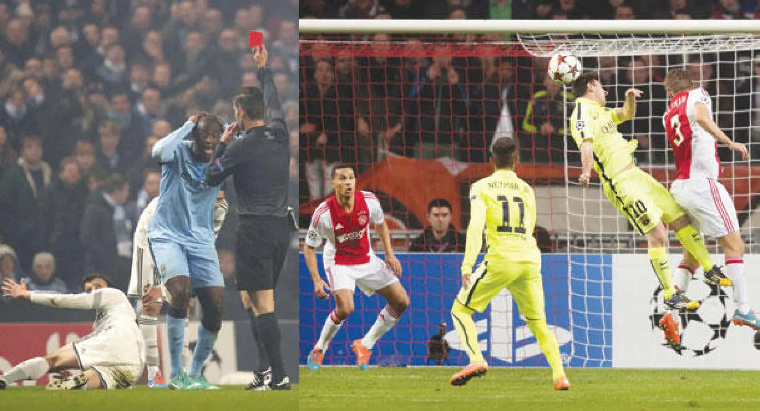 ميسي يقفز ليسدد برأسه محرزا هدف برشلونة الأول في شباك أياكس (إ.ب.أ)  -  يايا توريه يتلقى بطاقة طرد حمراء ليزيد من أزمة سيتي (أ.ف.ب)