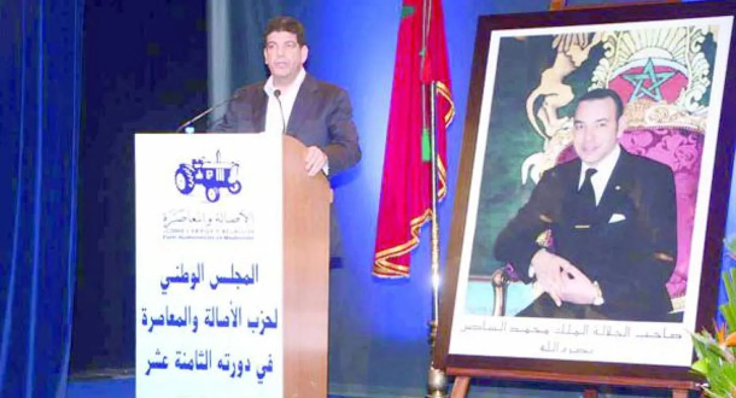 مصطفى بكوري أمين عام حزب الأصالة والمعاصرة أثناء حديثه أمس في الصخيرات («الشرق الأوسط») 