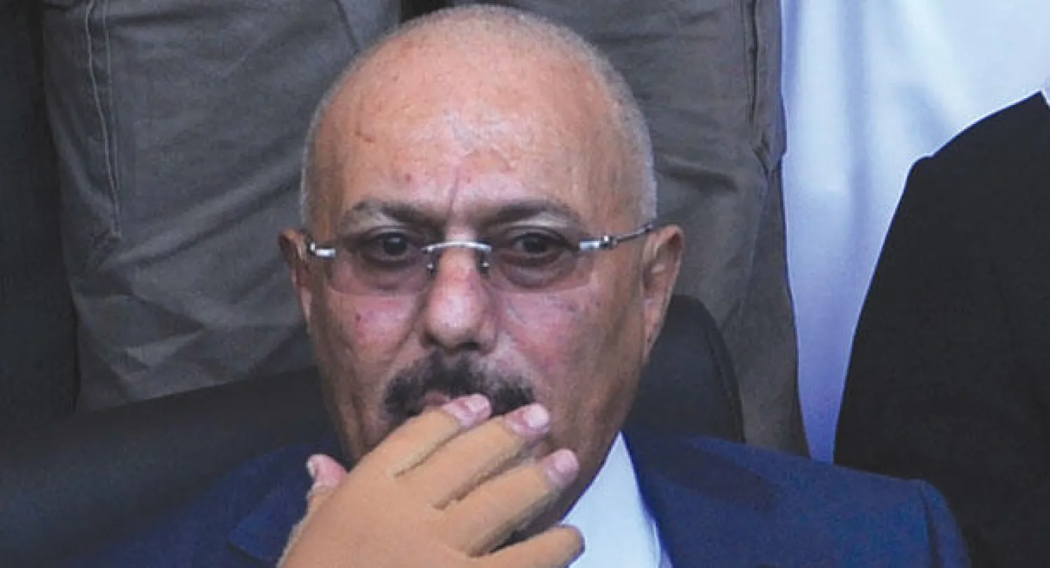 الرئيس اليمني السابق علي عبد الله صالح يظهر خلال اجتماع حاشد مع أنصاره عقد الأسبوع الماضي بعد فرض مجلس الأمن عقوبات ضد صالح واثنين من قادة المتمردين الحوثيين (أ.ف.ب)