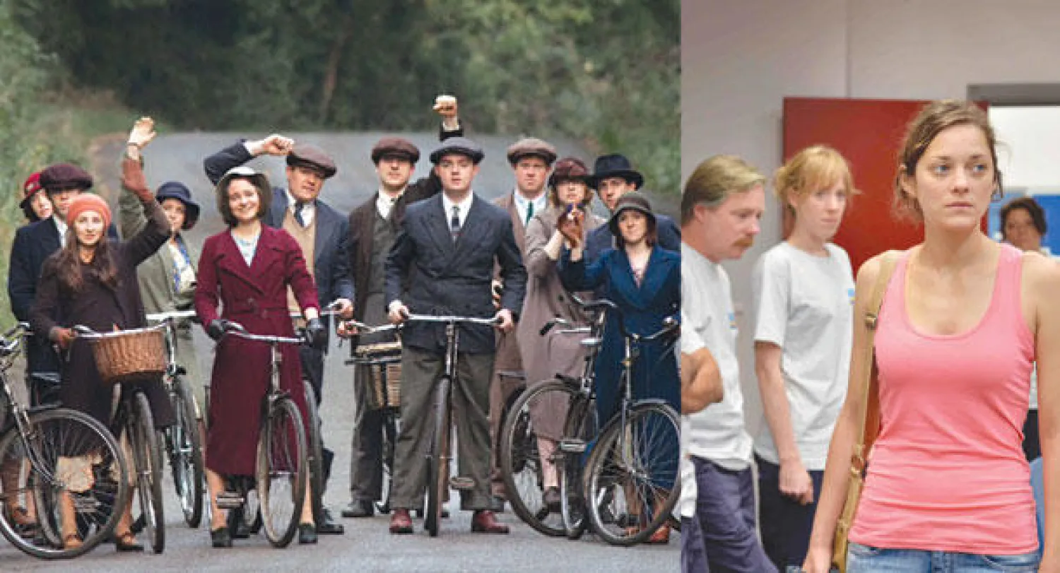 النجمة الفرنسية ماريون كوتيار في مشهد من فيلم «يومان وليلة»  -  مشهد من فيلم «قاعة جيمي» للمخرج البريطاني كين لوتش