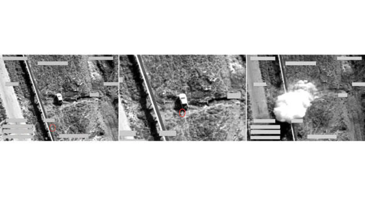 من اليسار: صورة تظهر ضربة بصاروخ يتمتع بقدرة تحديد الهدف تابع للسلاح البريطاني على شاحنة تابعة لـ«داعش» في العراق (نيويورك تايمز)