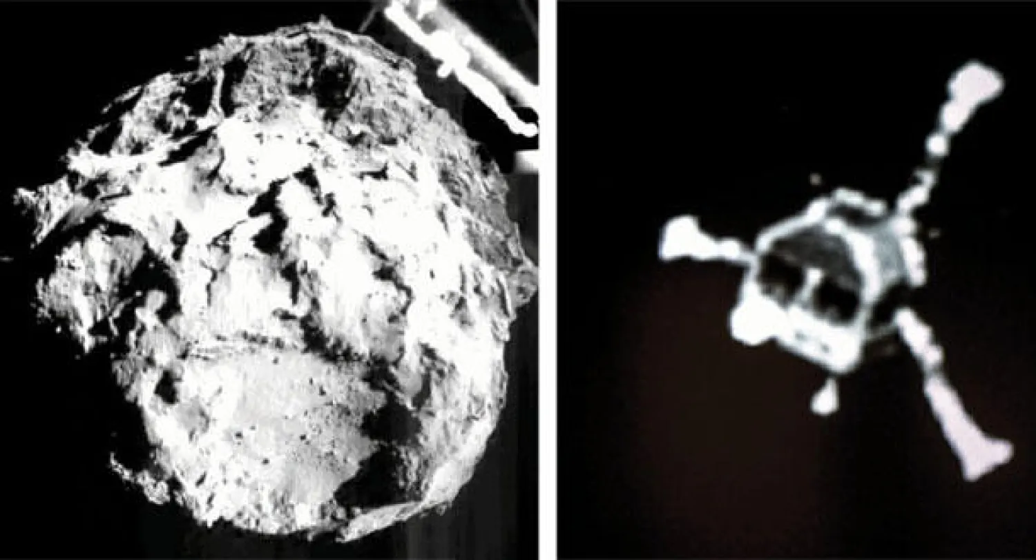 صورة للمجس الفضائي «فيله» بعد انفصاله عن السفينة «روزيتا» الفضائية الحاملة له متوجها إلى مذنب «67 بي» (إ.ب.أ)  -  صورة لمذنب «67 بي» التقطتها كاميرات المجس الفضائي «فيله» (أ.ب)